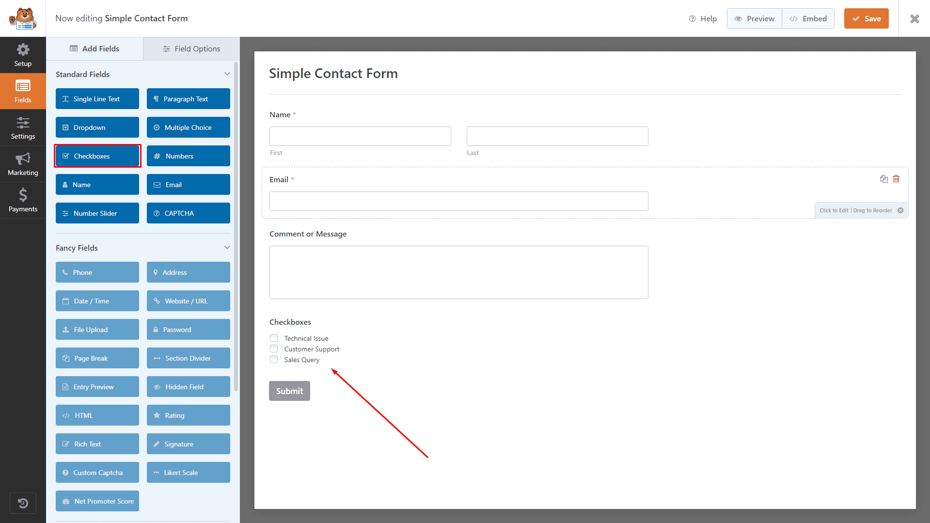 WP Form Builder screen